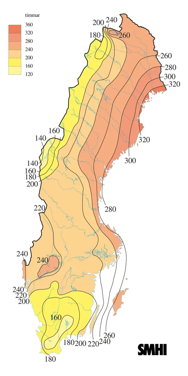 Karta över solskenstid under juli 2011.