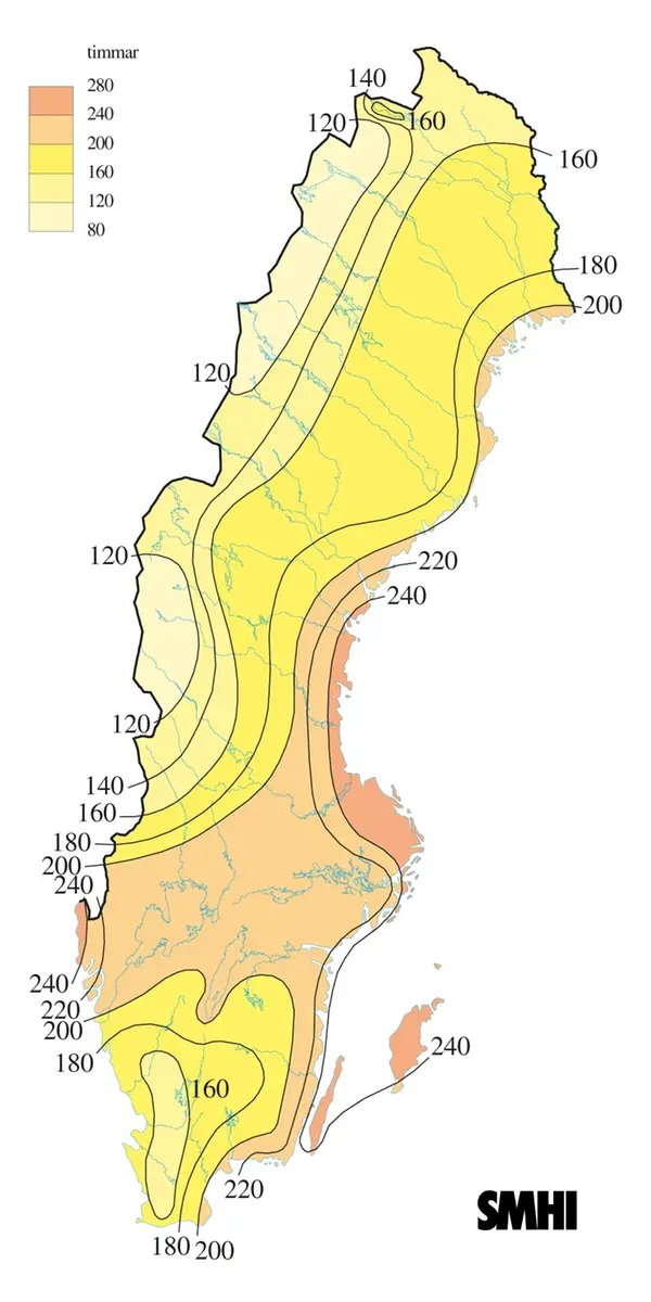 Karta över solskenstid under augusti 2011.