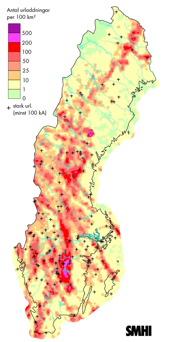 Karta över blixturladdningar juni 2011.