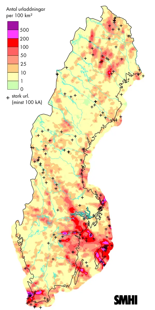Karta över blixturladdningar juli 2011.