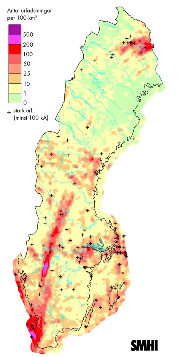 Karta över blixturladdningar augusti 2011.
