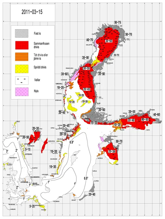 Karta över isutbredning och ytvattentemperatur i havet 15 mars 2011.