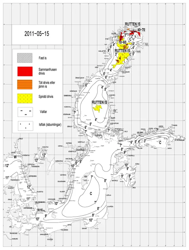 Karta över isutbredning och ytvattentemperatur i havet 15 maj 2011.