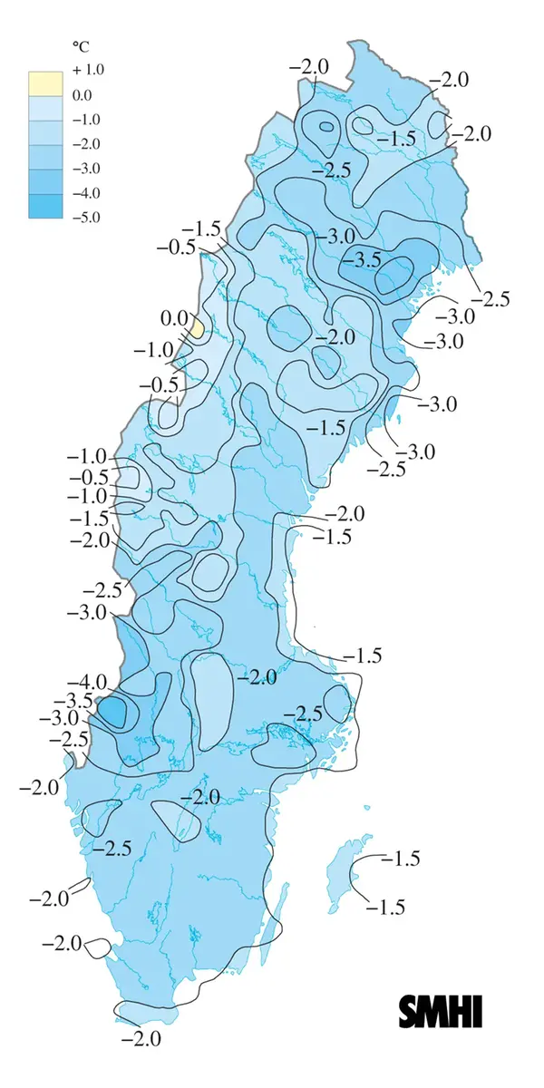 Karta över medeltemperaturens avvikelse från det normala under vintern 2011.