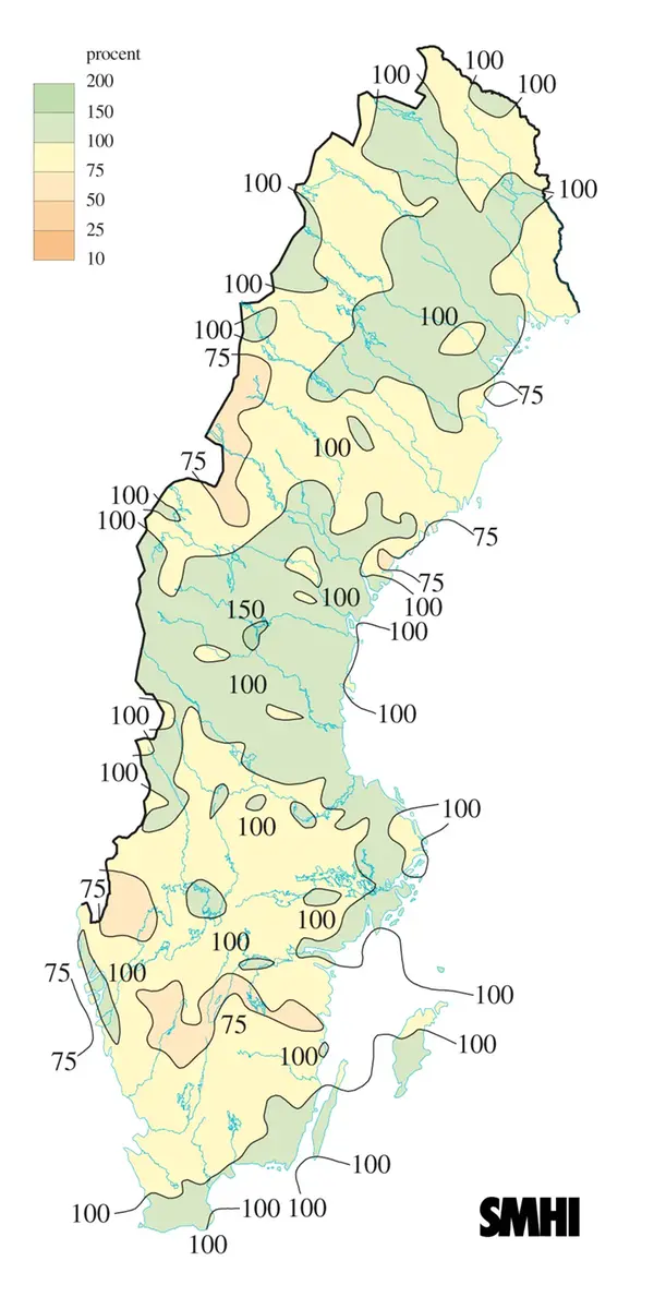 Karta över nederbörd i procent av det normala under vintern 2011