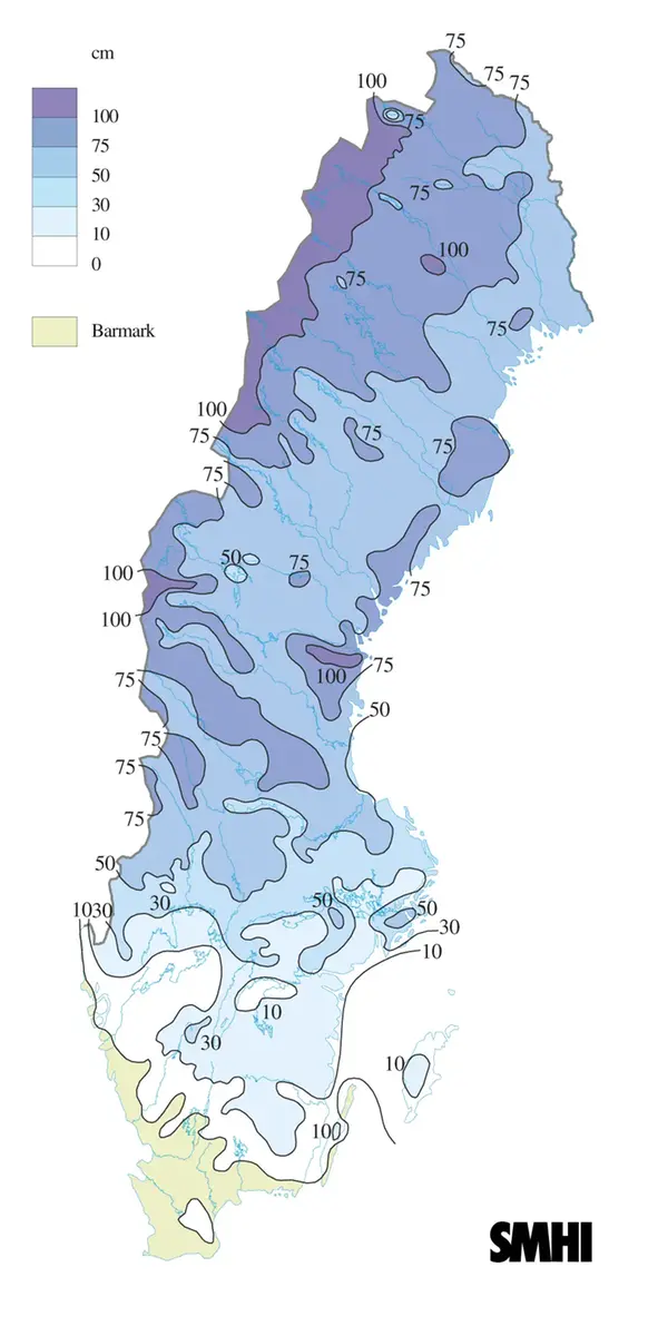 Snödjupskarta för 28 februari 2011.