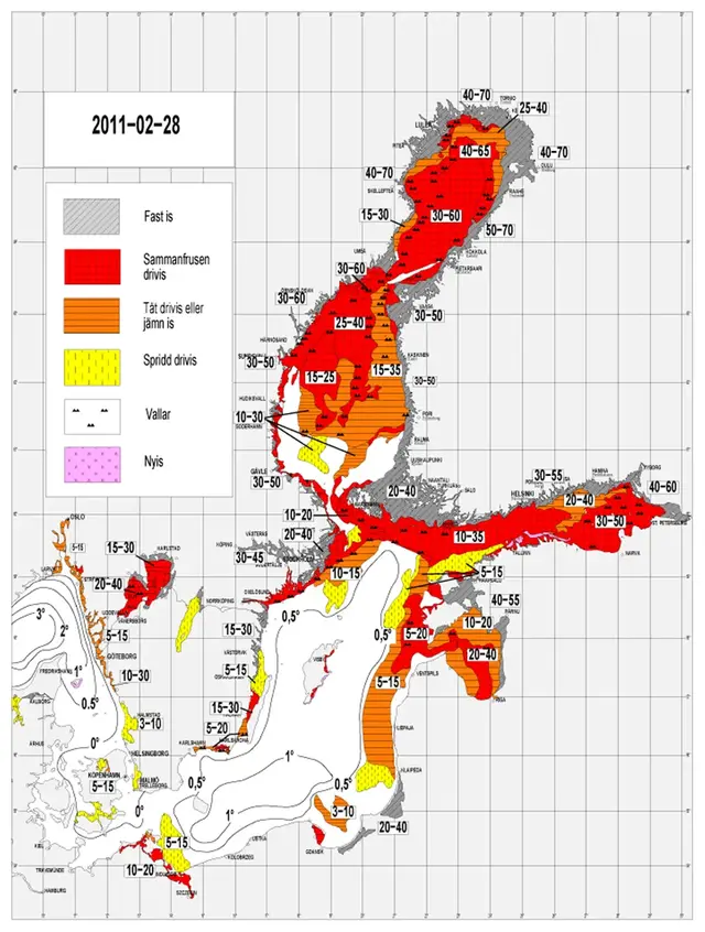 Karta över isutbredning och ytvattentemperatur i havet 28 februari 2011.