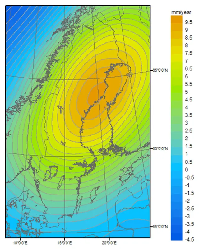 Kartan visar avvägd landhöjningshastighet från modellen NKG2016LU.