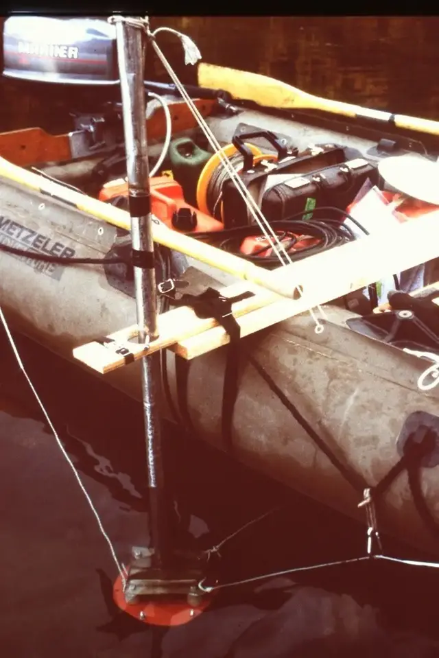 Gammalt fotografi. Gummibåt och utrustning.