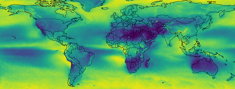 Karta över medelmolnigheten på jorden dagtid i september år 1991-2020 där färgskalan går från blå (molnfritt) till gul (helt molntäckt).