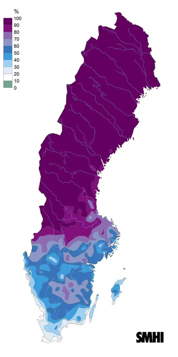 Bilden visar en karta över Sverige med sannolikheten för minst 1 cm snö på juldagens morgon under normalperioden 1961-1990.