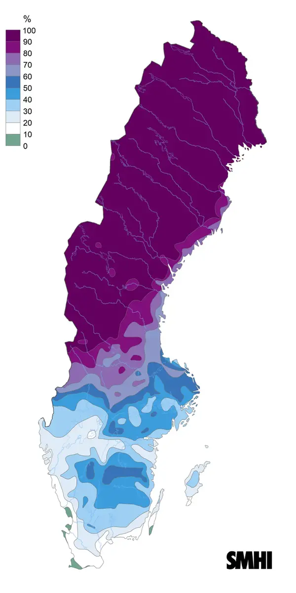 Bilden visar en karta över Sverige med sannolikheten för minst 1 cm snö på juldagens morgon under normalperioden 1991-2020.