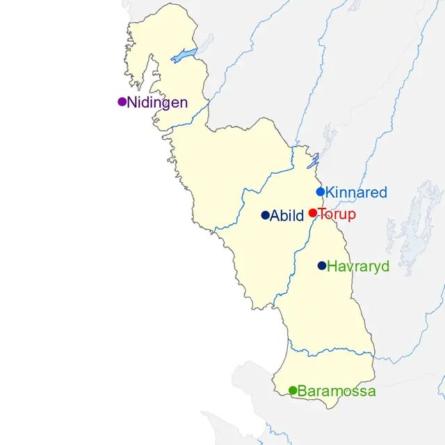 Karta över platser där väderextremer för Halland har uppmätts