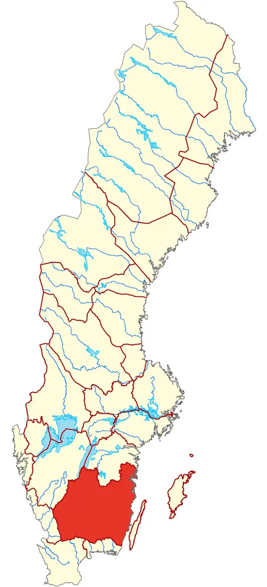 Karta över Sverige där Småland är markerat