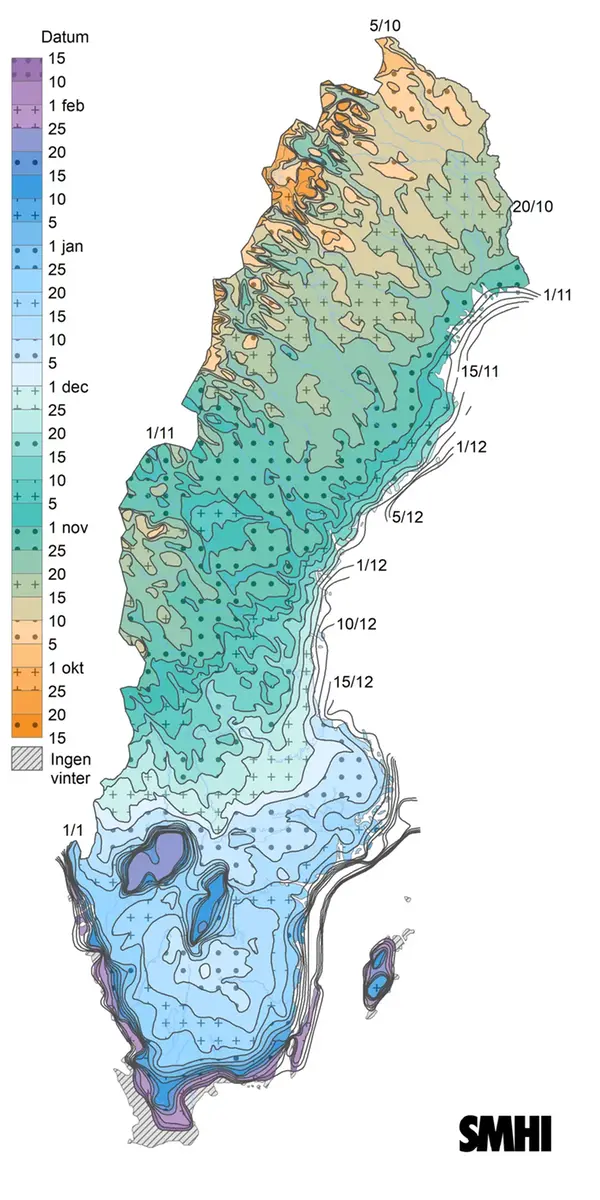 Karta som visar vinterns normala ankomst