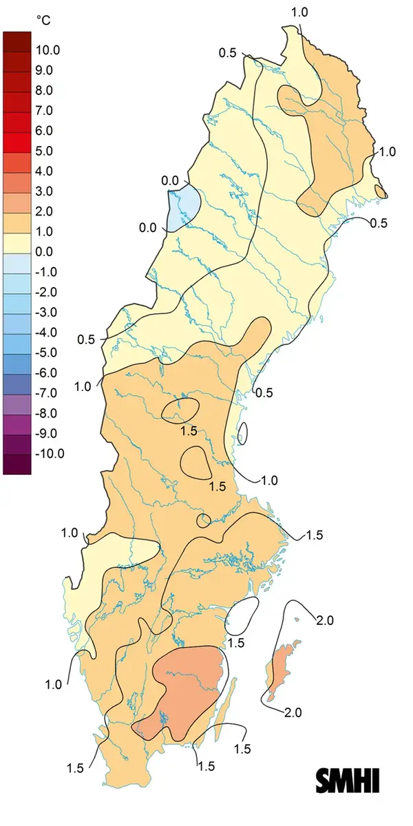 Medeltemperaturens avvikelse från det normala under augusti 2022.
