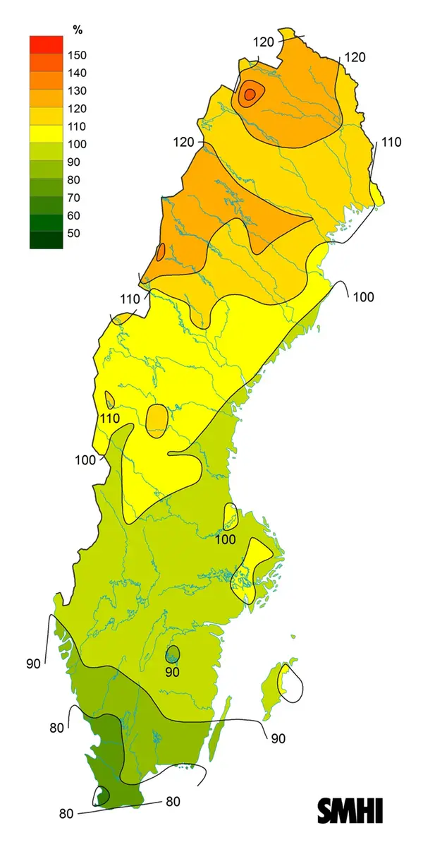 Byvindens avvikelse från det normala (1996-2015) under augusti 2022.
