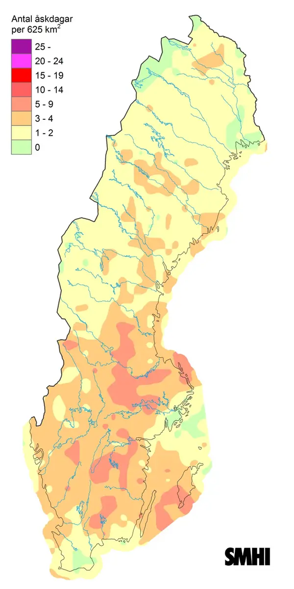Antal åskdagar under augusti 2022.