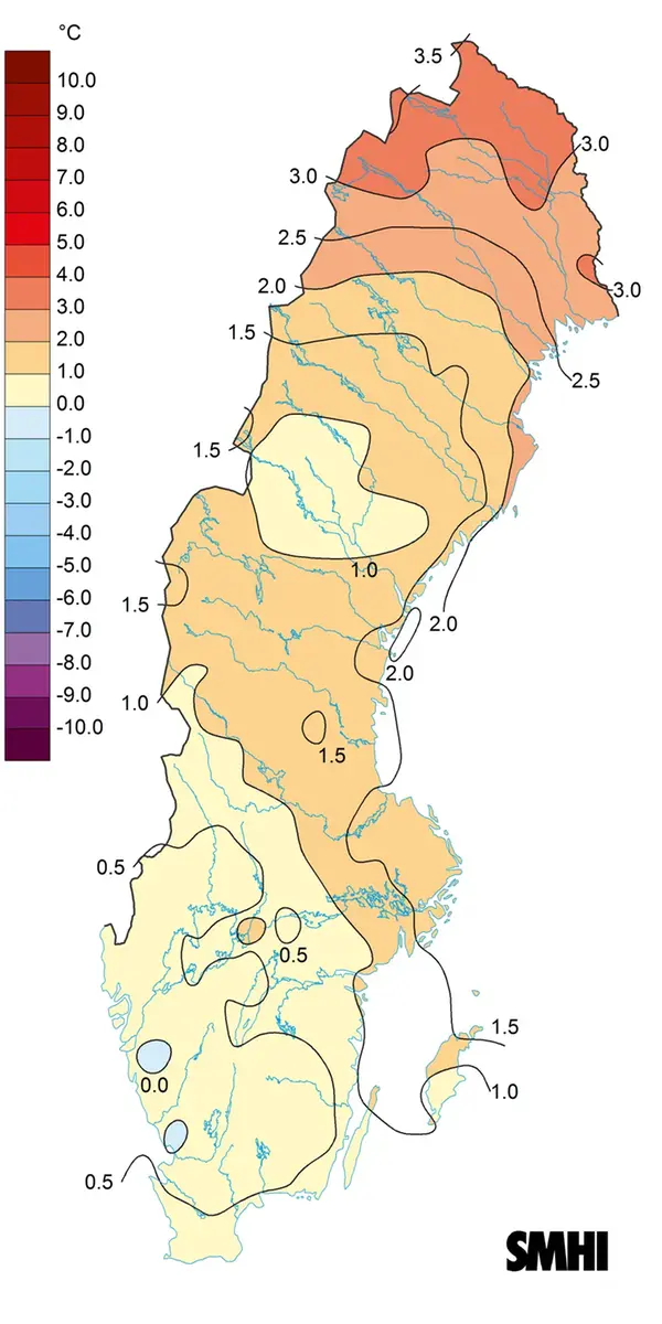 Sverigekarta som visar medeltemperaturens avvikelse från det normala under juni 2024.