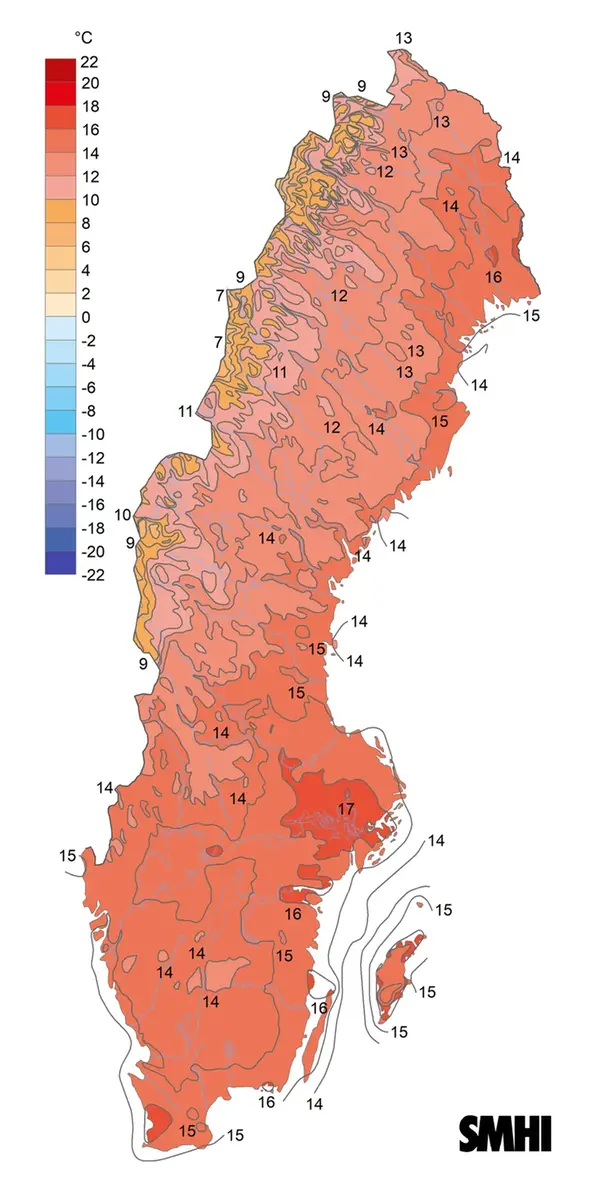 Sverigekarta som visar månadsmedeltemperaturen under juni 2024.