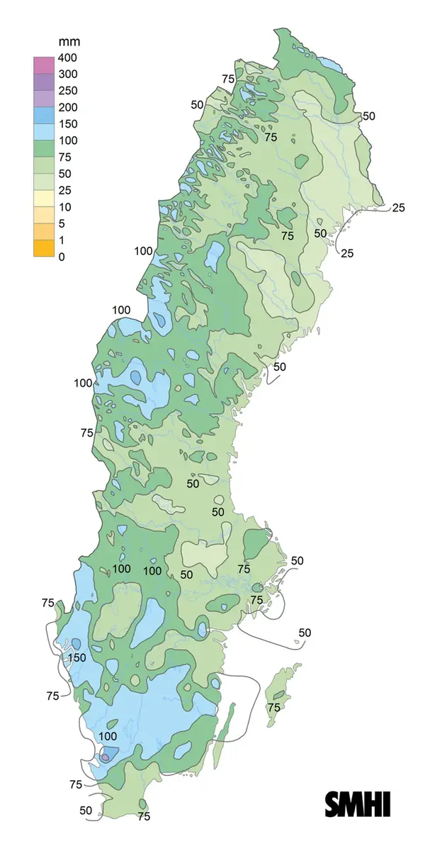 Sverigekarta som visar nederbördssumma under juni 2024.