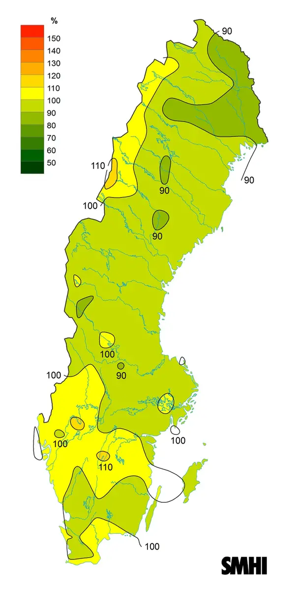 Sverigekarta som visar byvindens avvikelse från det normala (1996-2015) under juni 2024.