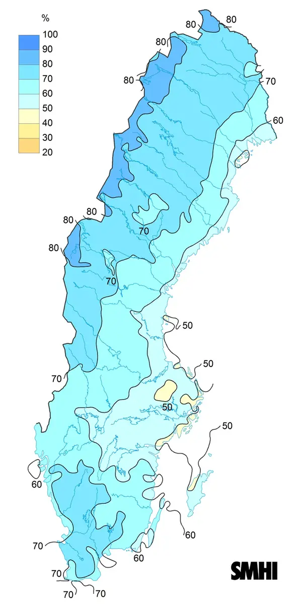 Medelvärde av molnighet klockan 07, 13 och 19 under juni 2024.