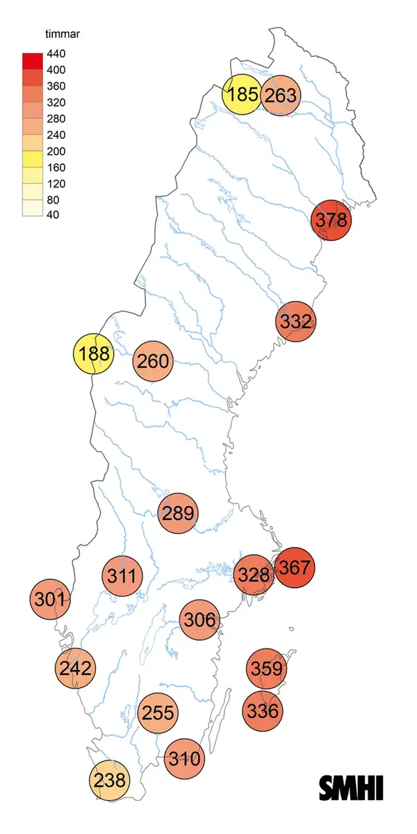 Sverigekarta som visar antal soltimmar under juni 2024.