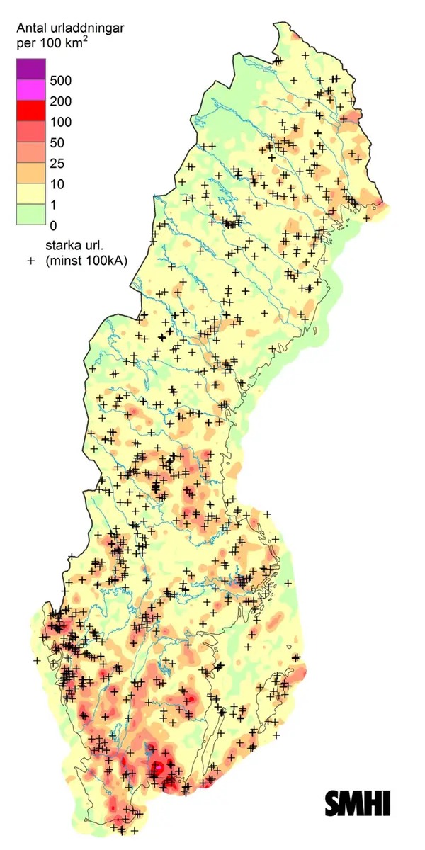 Sverigekarta som visar totalt antal blixtar under juni 2024.