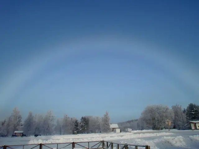 Bilden visar en dimbåge, en så kallad vit regnbåge över snö.