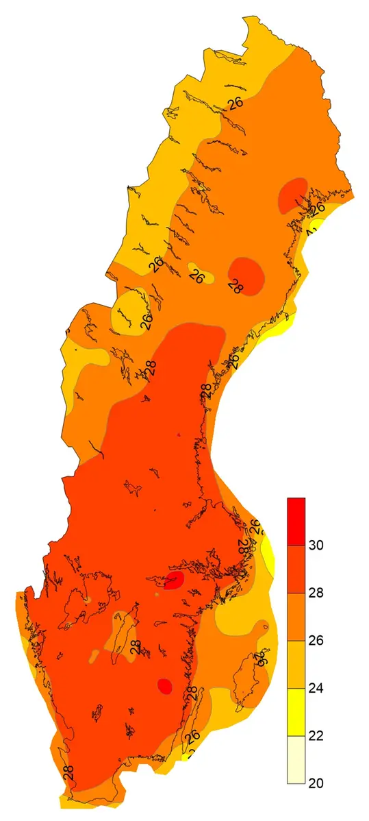 Medel av årets högsta temperatur under perioden 1961-1990