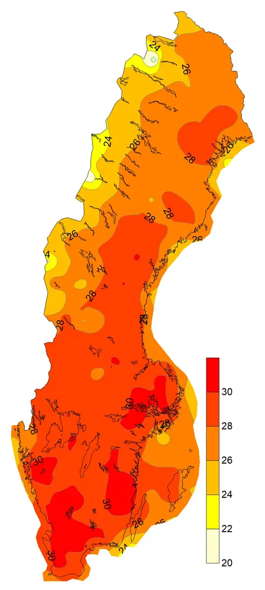 Medelvärde av årets högsta temperatur under perioden 1991-2020