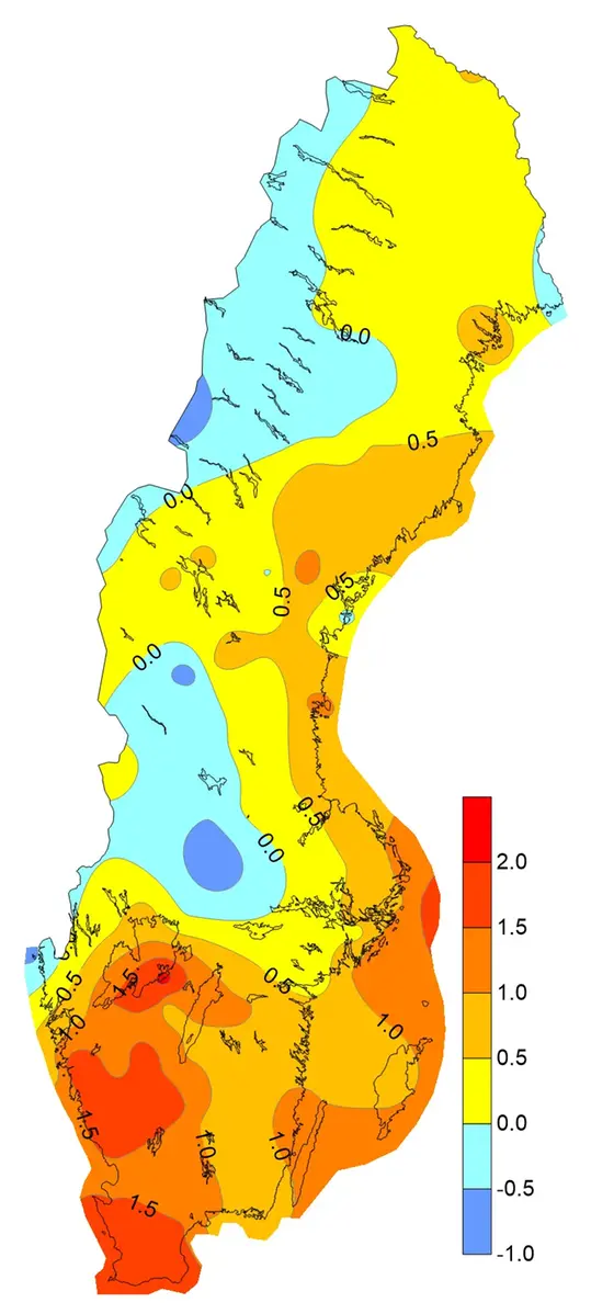 Differens maxtemp 1991-2020 och 1961-1990