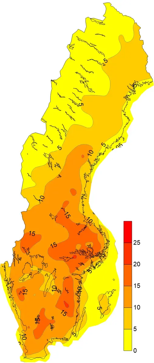 Medelvärde av antal högsommardagar per år under perioden 1961-1990