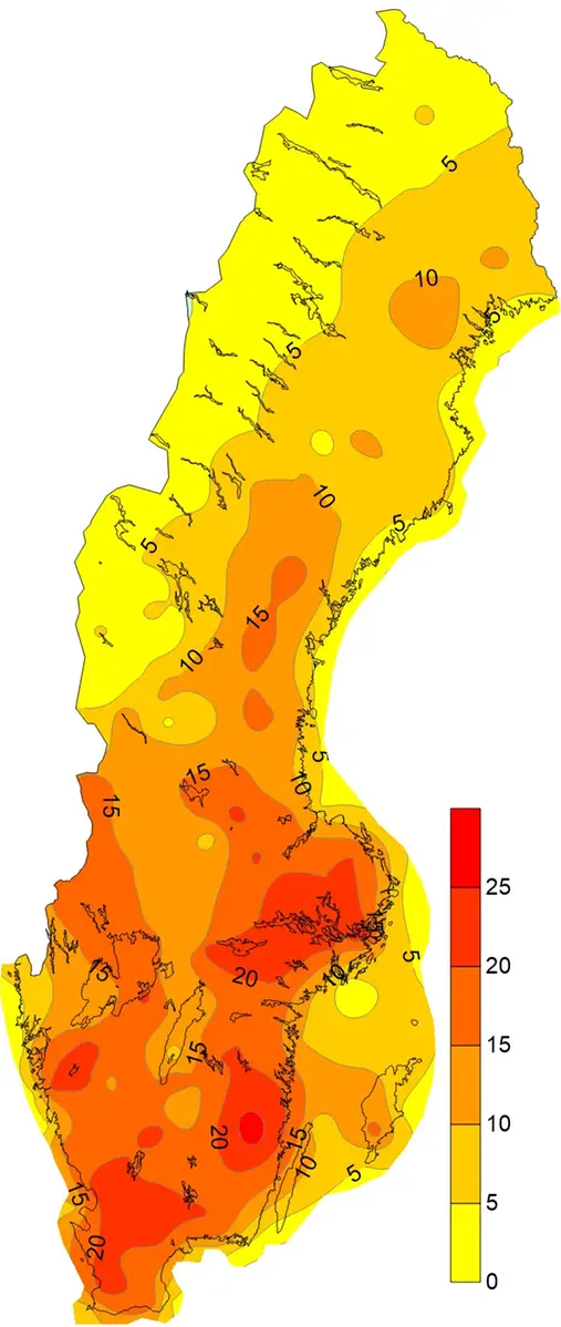 Medelvärde av antal högsommardagar per år under perioden 1991-2020.