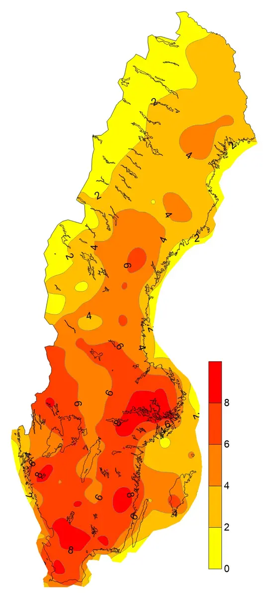 Medelvärde av maximalt antal högsommardagar i rad under året för perioden 1991-2020