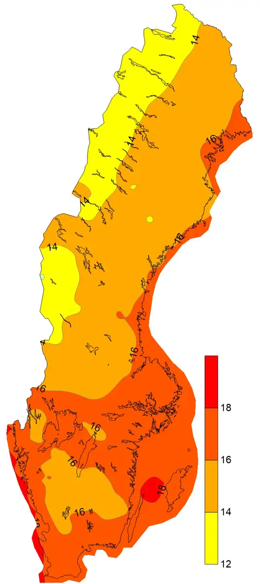 Medelvärde av årets högsta minimitemperatur under perioden 1961-1990