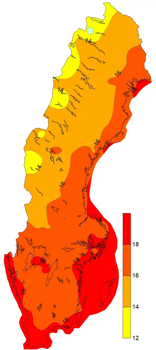 Medelvärde av årets högsta minimitemperatur under perioden 1991-2020