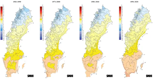 Kartorna visar årsmedeltemperaturen i Sverige för normalperioderna 1961-2020.