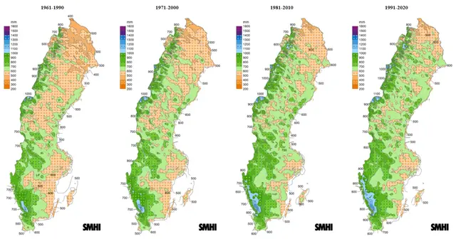 Kartorna visar årsnederbörden i Sverige för normalperioderna 1961-1990, 1971-2000, 1981-2010 och 1991-2020.