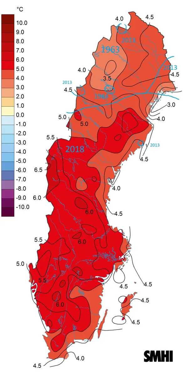 Kartan visar den geografiska utbredningen av var maj 2018 varit varmast.