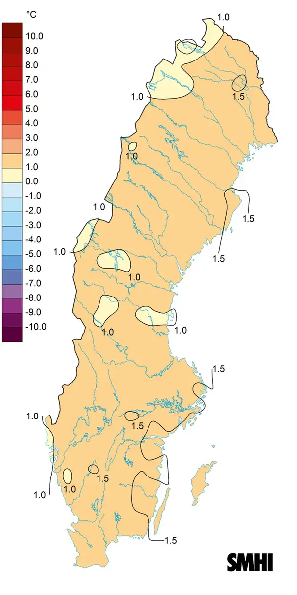 Sverigekarta för medeltemperaturens avvikelse från den normala, sommaren 2021 (normalperiod 1991-2020).