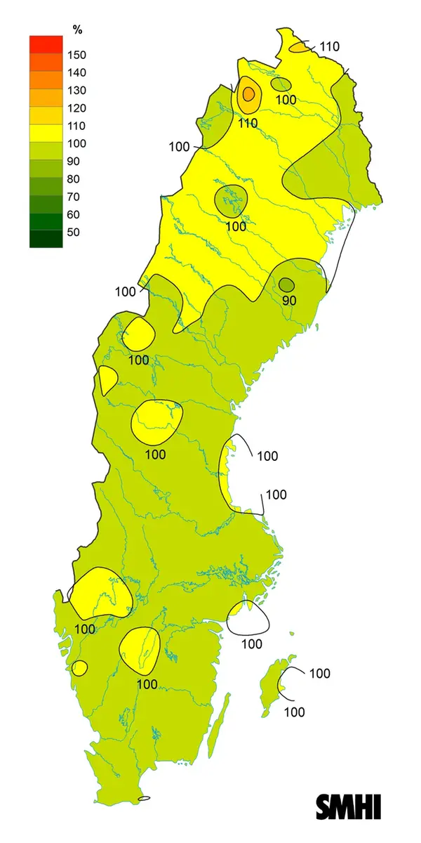 Sverigekarta över byvindens avvikelse från det normala (1996-2015) under sommaren 2021.