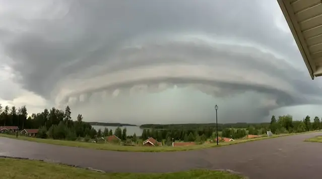 Bilden visar ett "wall cloud" eller på latin Cumulonimbus capillatus murus.
