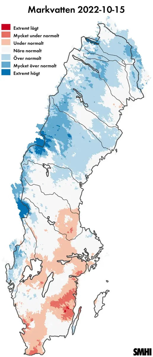 Karta över snötäckets beräknade vattenvärde 15 oktober 2022.