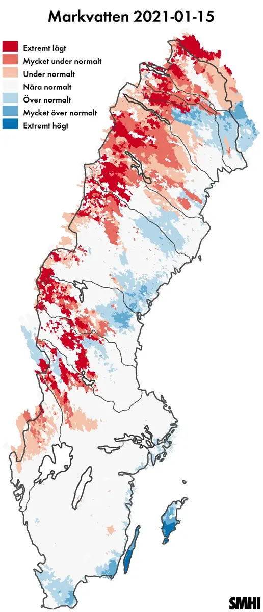 Kartan visar beräknad markvattenhalt 15 januari 2021 jämfört med medelvärdet för samma dag sedan 1981.