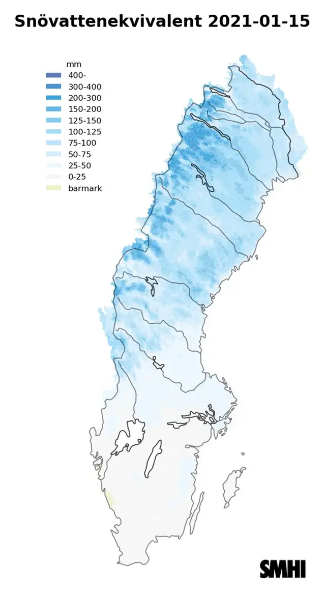 Karta över snötäckets beräknade vattenvärde 15 januari 2021.