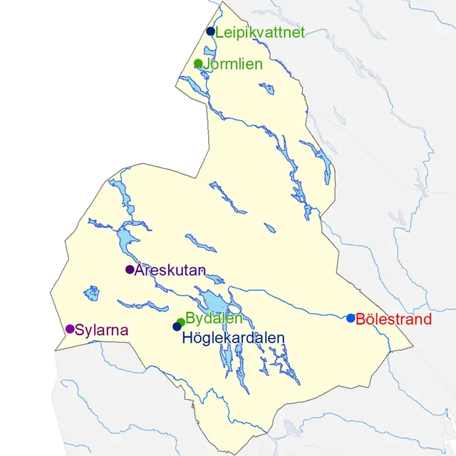 Karta över platser där väderextremer för Jämtland har uppmätts