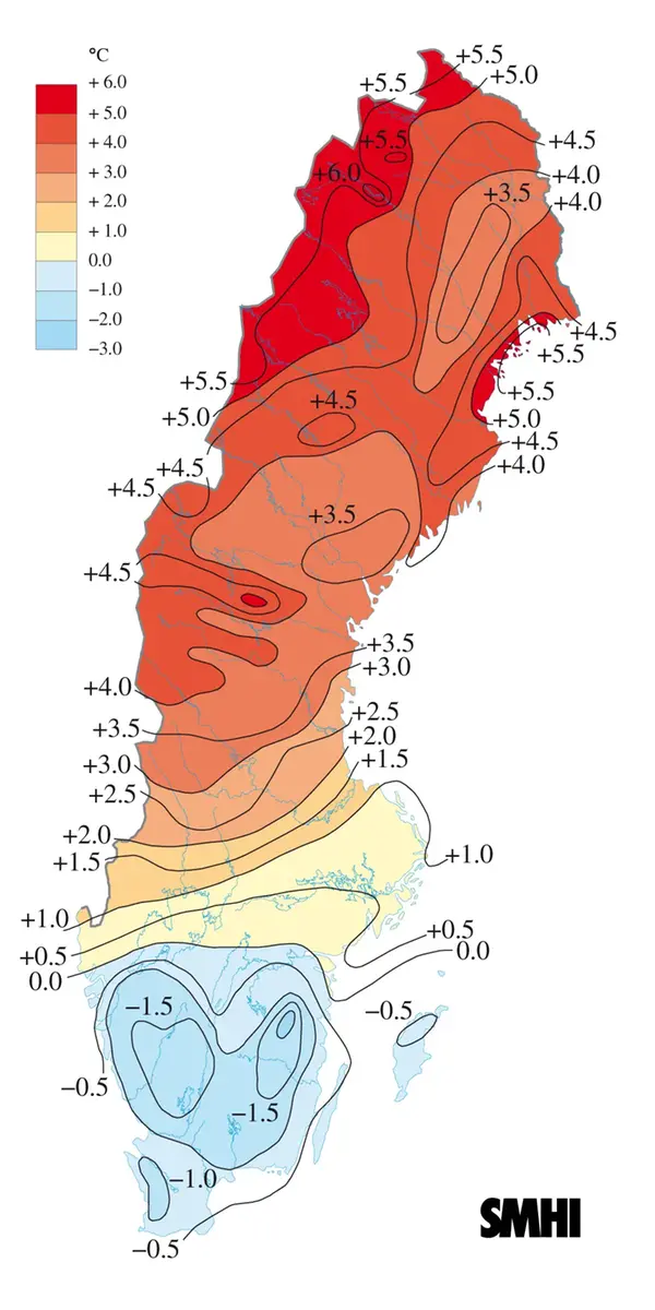 Medeltemperaturens avvikelse från det normala i januari 2006.