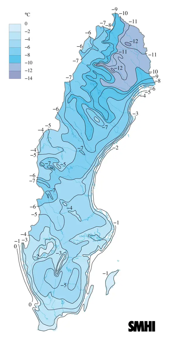 Karta över medeltemperaturen i januari 2006.
